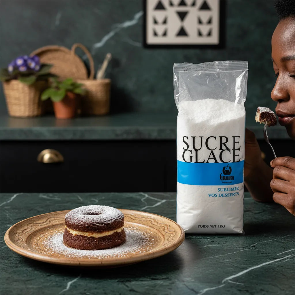 Sucre glace GIRAUDON utilisé pour saupoudrer un gâteau au chocolat, ingrédient essentiel pour desserts raffinés.