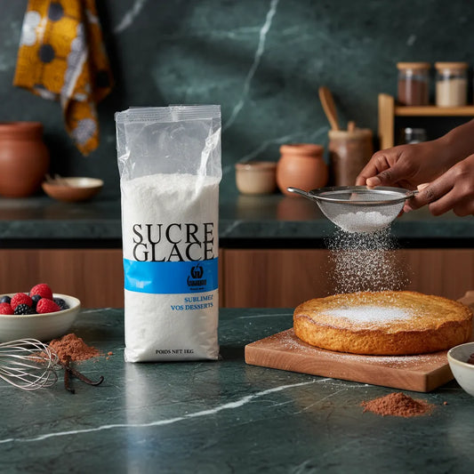 Sucre glace GIRAUDON tamisé sur un gâteau moelleux, ingrédient pâtisserie incontournable pour finitions sucrées.