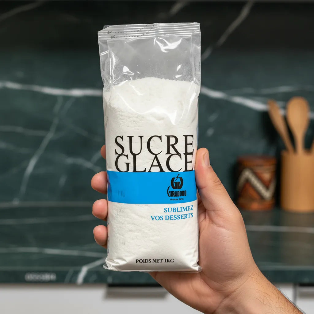 Sucre glace GIRAUDON tenu en main dans une cuisine, sachet de 1 kg pour pâtisseries et glaçages maison.