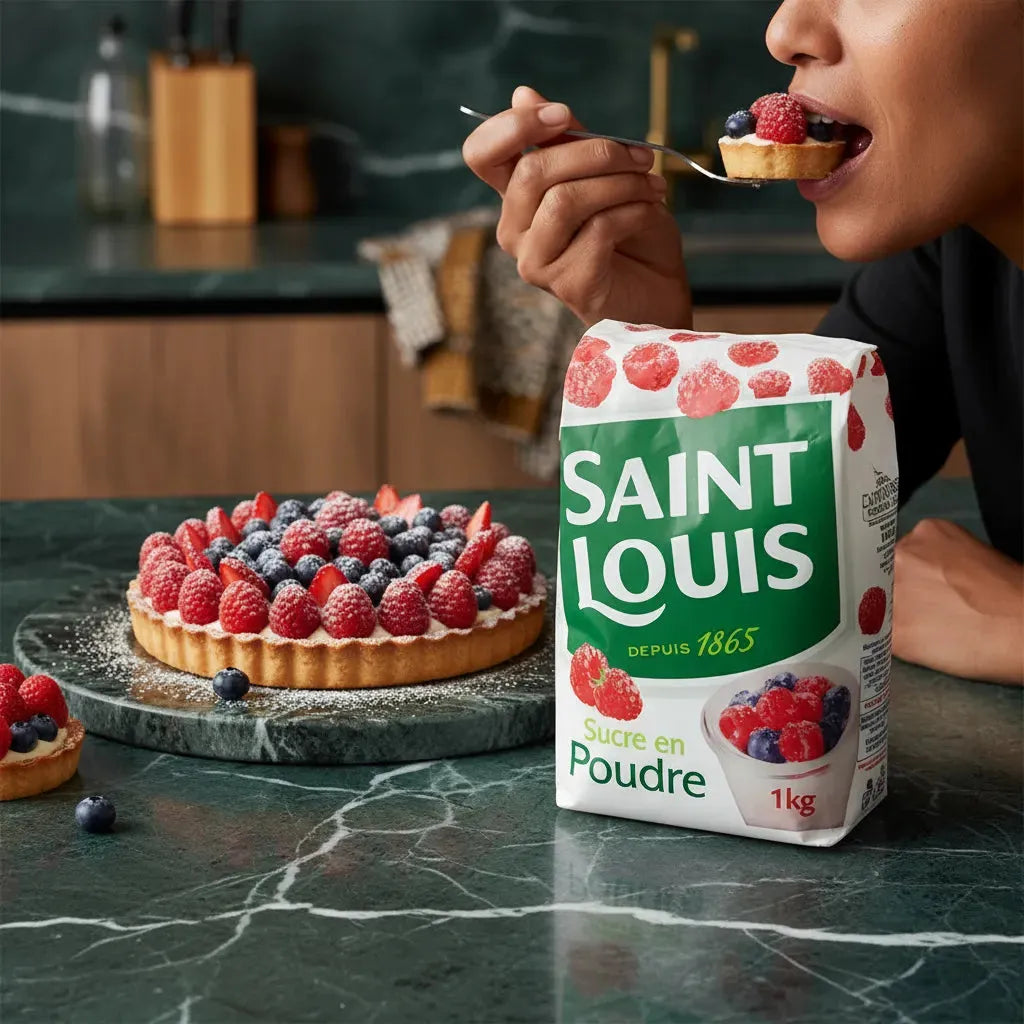 Femme dégustant une tarte aux fruits décorée avec du sucre en poudre SAINT LOUIS, idéal pour desserts maison et pâtisseries fines.
