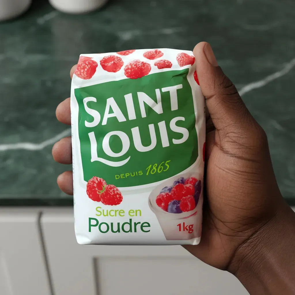 Main tenant un paquet de sucre en poudre SAINT LOUIS 1kg, idéal pour sucrer boissons chaudes et préparations culinaires.