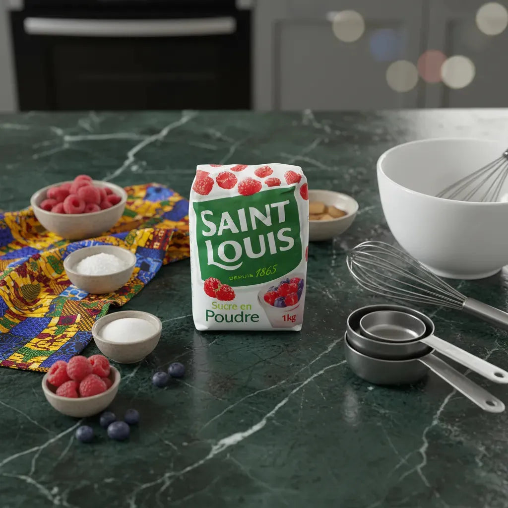 Sucre en poudre SAINT LOUIS posé sur un plan de travail avec ustensiles de pâtisserie, parfait pour toutes vos recettes sucrées.