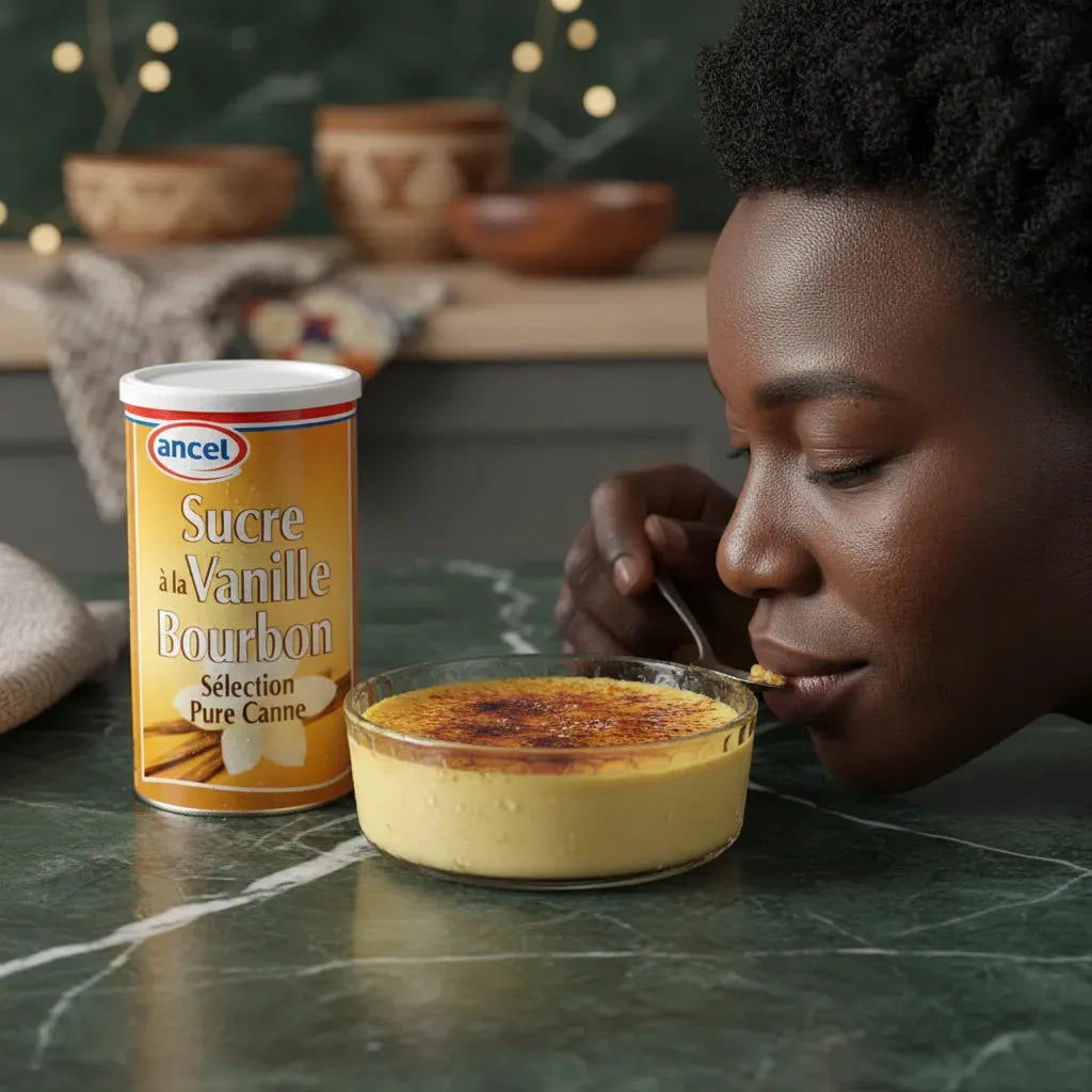 Femme dégustant une crème brûlée préparée avec le Sucre Vanille Bourbon ANCEL. Arôme intense pour desserts raffinés et gourmands.