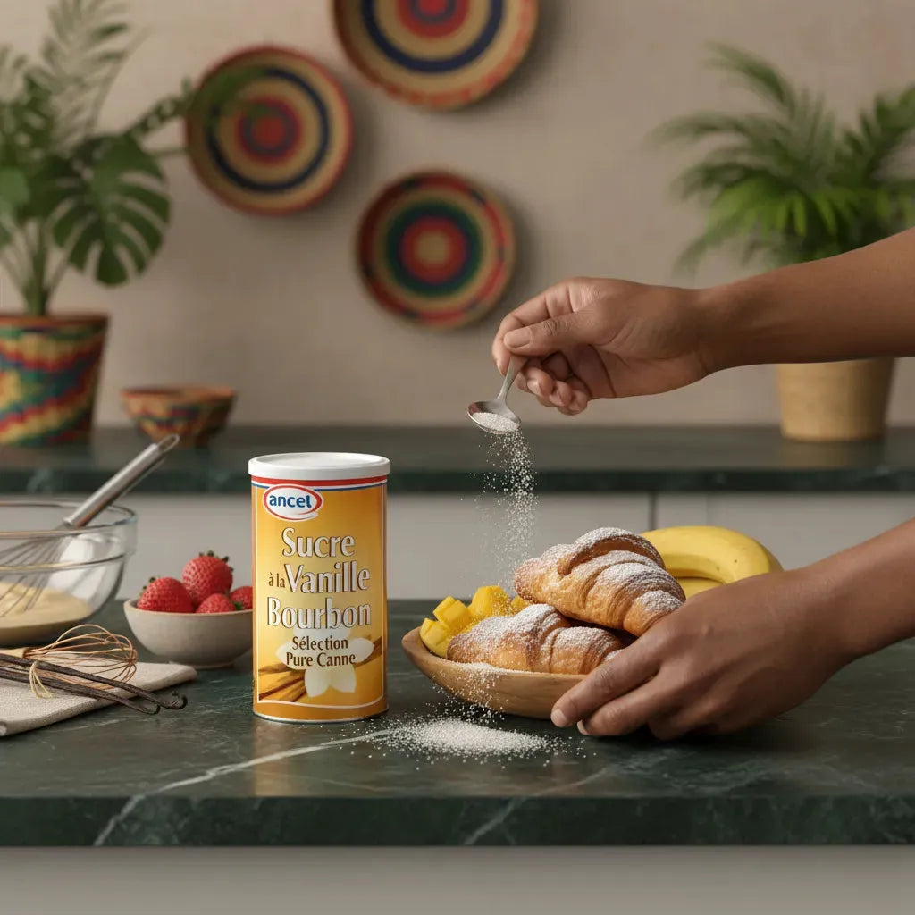 Main saupoudrant des croissants avec le Sucre Vanille Bourbon ANCEL. Idéal pour sublimer viennoiseries et fruits frais au petit-déjeuner.