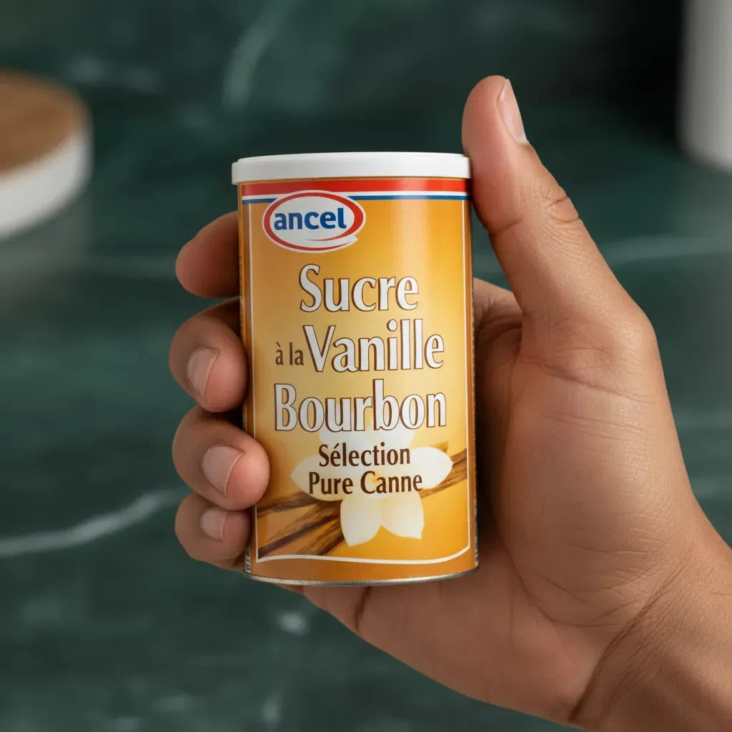 Main tenant un pot de Sucre Vanille Bourbon ANCEL. Format pratique pour une utilisation facile en cuisine sucrée et pâtisserie.