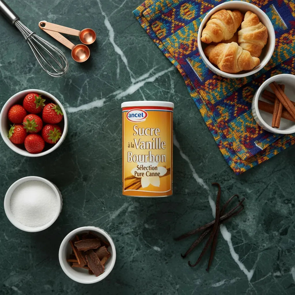 Sucre Vanille Bourbon ANCEL au centre d'une préparation culinaire avec fraises, croissants et ustensiles. Parfait pour recettes sucrées maison.