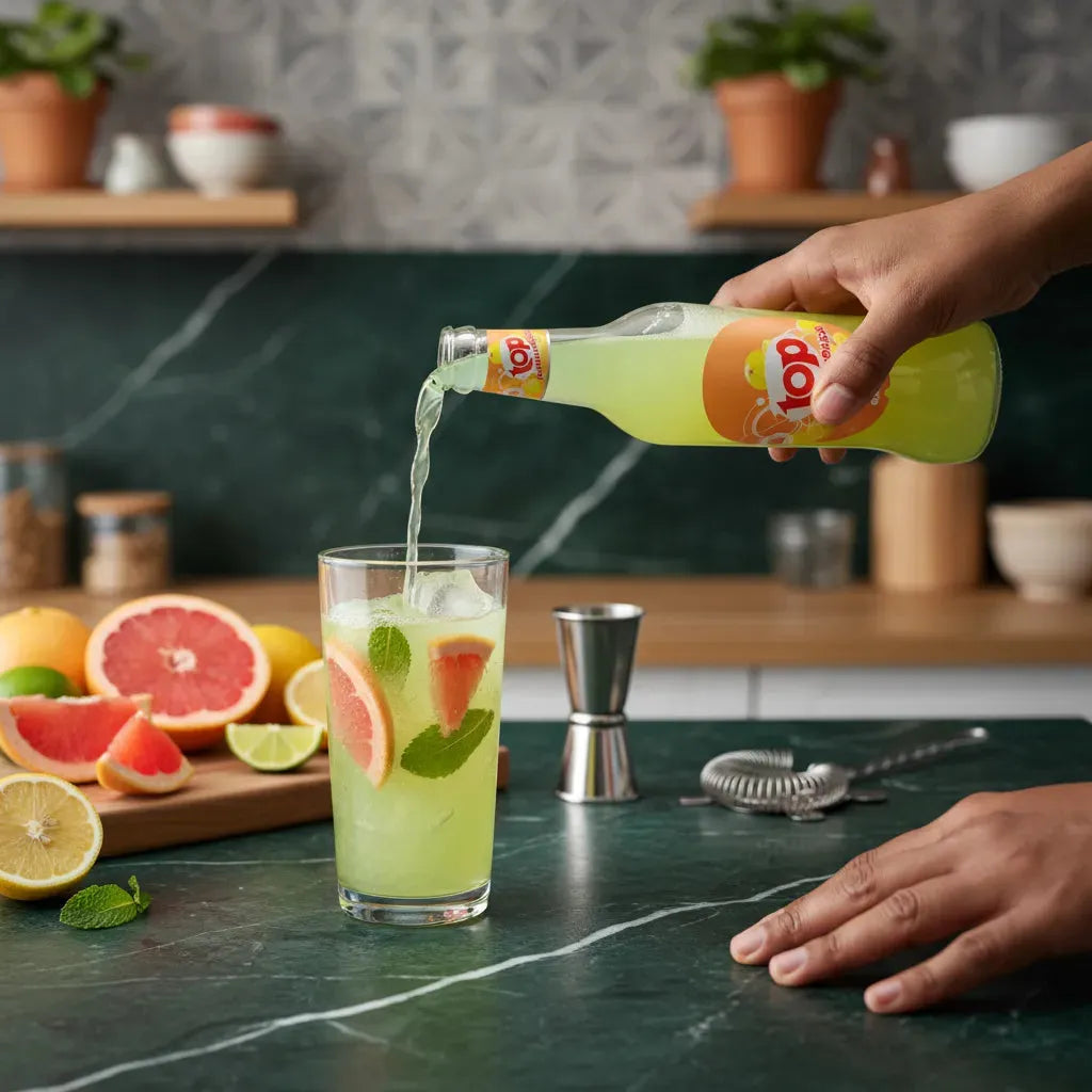 Versement du soda goût pamplemousse TOP dans un verre avec glaçons, citron vert et pamplemousse, boisson fruitée et désaltérante.