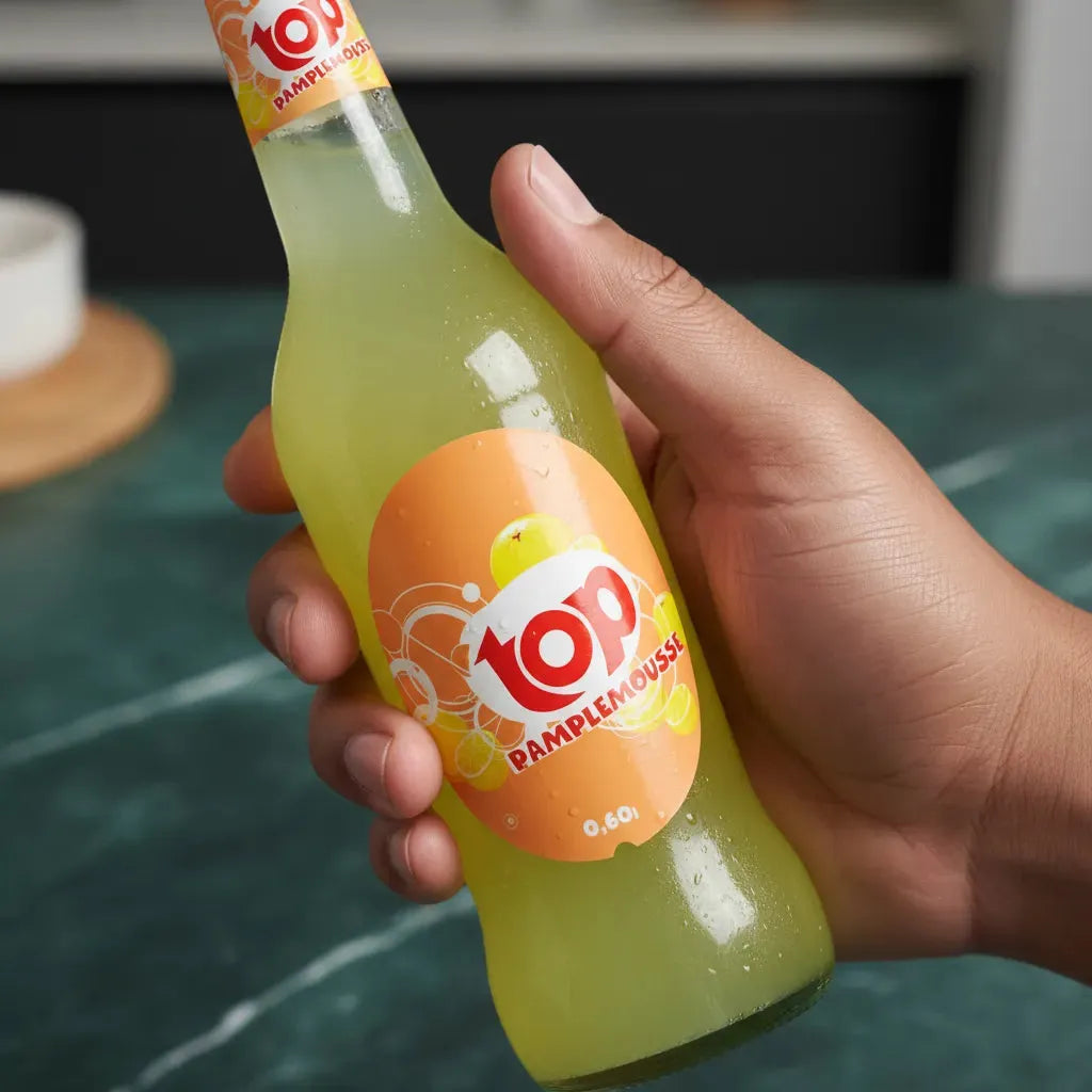 Main tenant une bouteille de soda goût pamplemousse TOP 0,6L, boisson pétillante au goût fruité et acidulé.