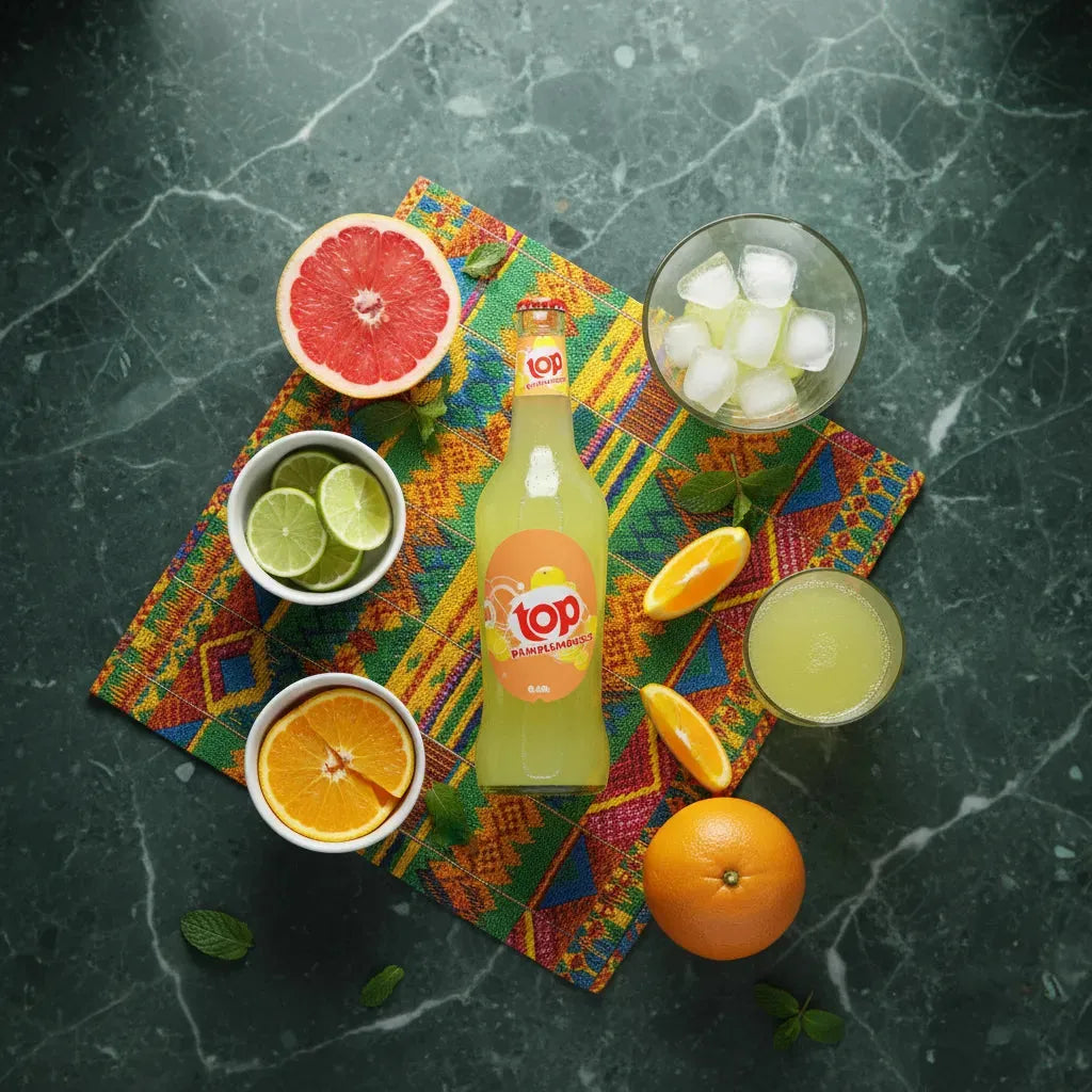 Soda goût pamplemousse TOP entouré de fruits frais sur nappe colorée, boisson idéale pour cocktails estivaux.