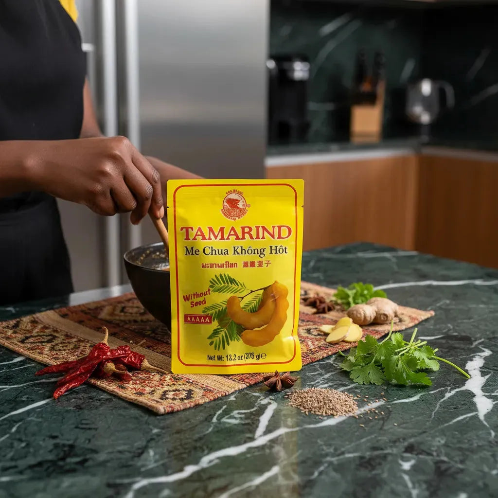 Pâte de tamarin RED DRAGON sans noyaux tenue en main près d'ingrédients frais, parfaite pour sauces maison et plats épicés.