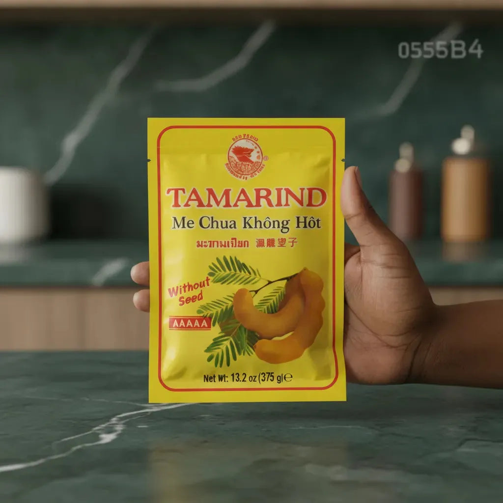 Pâte de tamarin RED DRAGON 375g sans noyaux présentée en main, dans une cuisine moderne, pour une utilisation culinaire pratique.