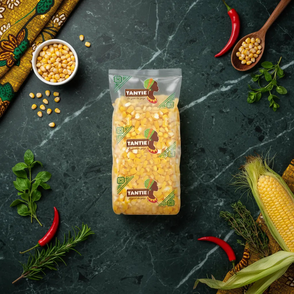 Sachet de maïs dégermé jaune TANTIE posé sur table avec herbes et piments, produit d'épicerie salée polyvalent pour plats traditionnels.