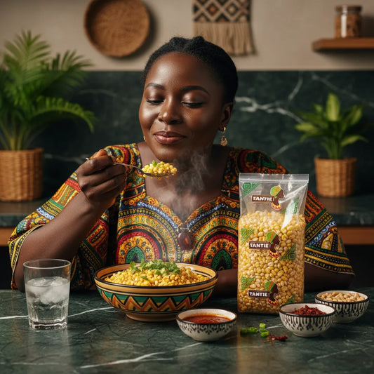 Femme dégustant un plat chaud préparé avec le maïs dégermé jaune TANTIE, mettant en valeur sa texture agréable et son goût délicat.