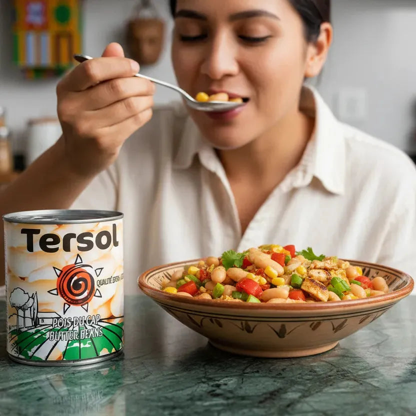 Femme dégustant un plat cuisiné aux haricots blancs TERSOL, riches en protéines et fibres. Parfaits pour salades et recettes équilibrées.