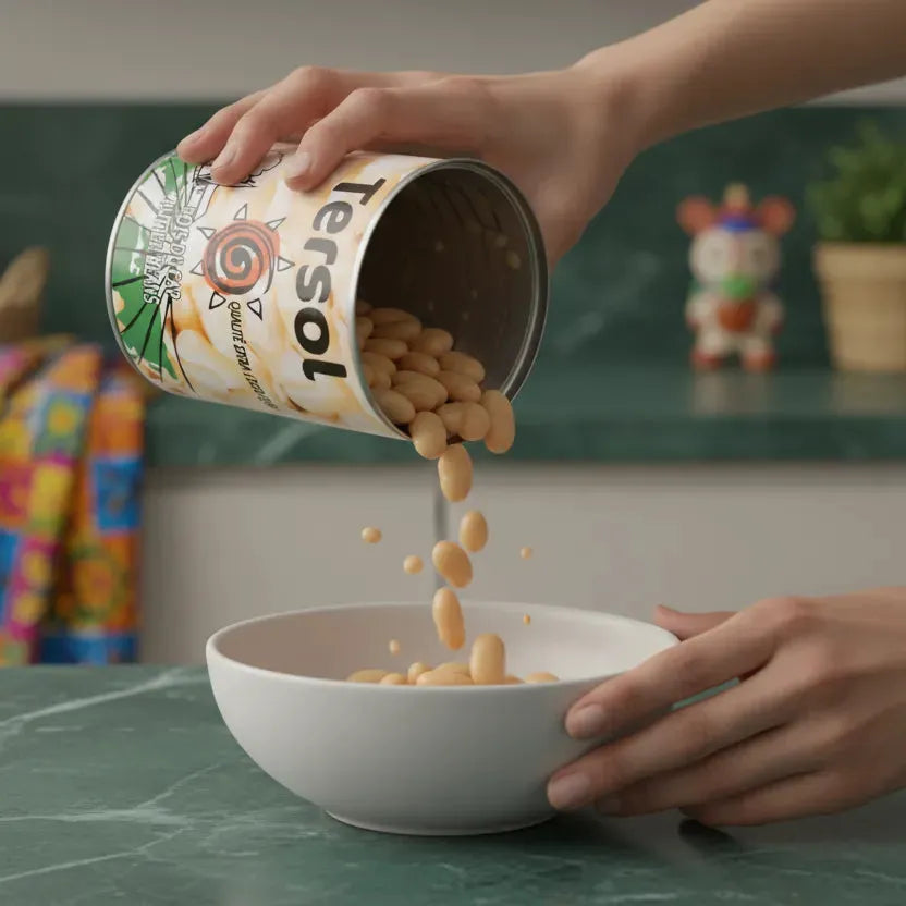 Main versant des haricots blancs TERSOL dans un bol. Texture crémeuse, idéale pour cuisine saine et rapide, riche en fibres et protéines.