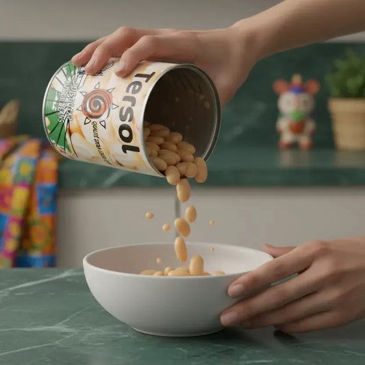 Main versant des haricots blancs TERSOL dans un bol. Texture crémeuse, idéale pour cuisine saine et rapide, riche en fibres et protéines.