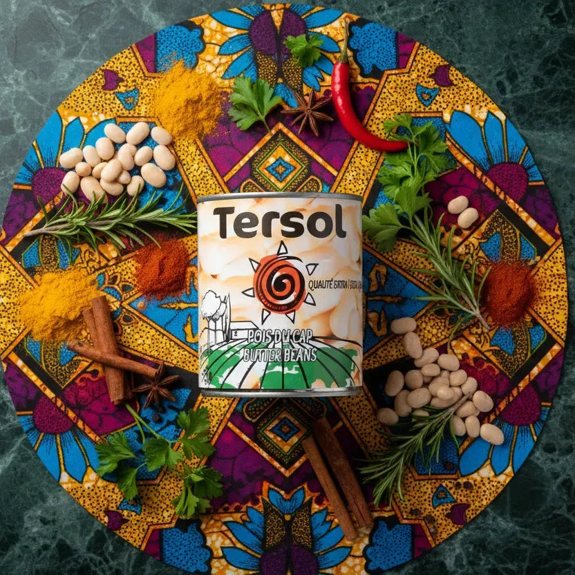 Haricots blancs TERSOL au centre d’un décor d'épices et herbes. Produit polyvalent pour cuisine du monde, riche en fibres et protéines.