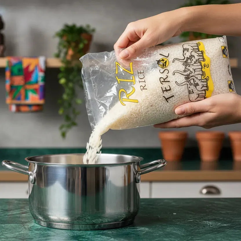 Versement du riz cassé trois fois TERSOL dans une casserole en inox, parfait pour préparer des plats savoureux et bien parfumés.