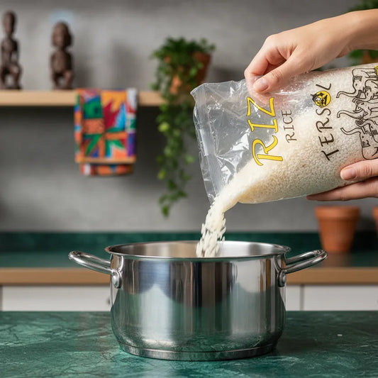 Versement du Riz Sushi TERSOL dans une casserole en inox, illustrant sa préparation facile et sa qualité supérieure pour la cuisine asiatique.