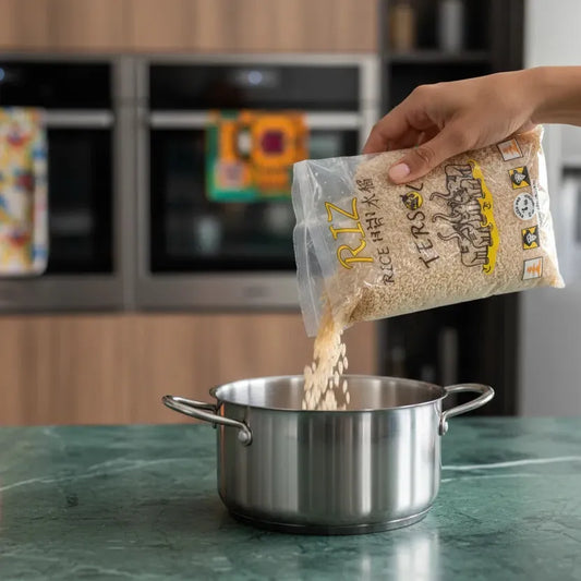 Versement du riz complet TERSOL dans une casserole, grains entiers riches en fibres pour une cuisson saine et savoureuse.