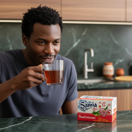 Homme dégustant une infusion minceur SAMIA dans une cuisine moderne, avec la boîte Boost minceur posée sur le plan de travail.