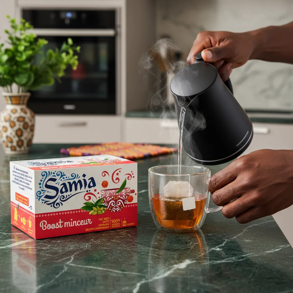 Préparation d'une infusion minceur SAMIA avec eau chaude versée sur un sachet dans une tasse, boîte Boost minceur visible en arrière-plan.