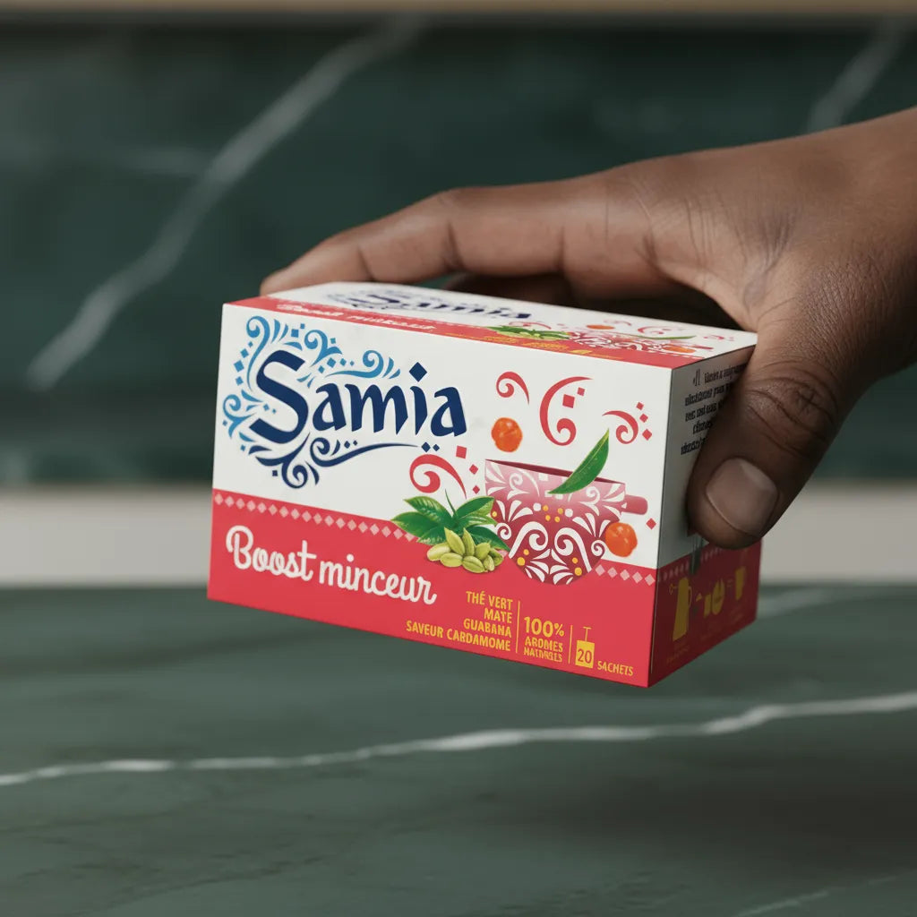 Main tenant une boîte d'infusion minceur SAMIA Boost minceur, mettant en avant les ingrédients naturels comme le thé vert et la cardamome.