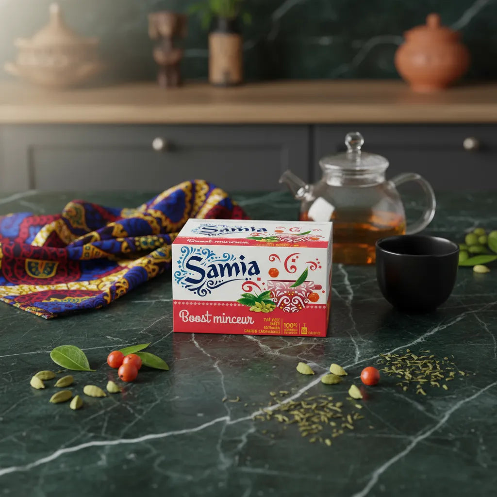 Boîte d'infusion minceur SAMIA sur un plan de travail avec théière, tasse noire et ingrédients naturels comme guarana et cardamome autour.