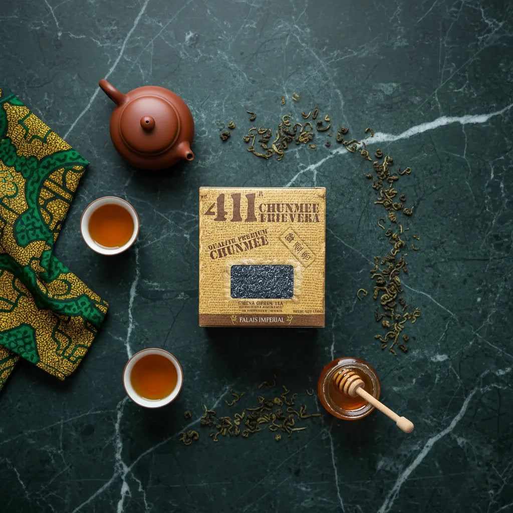 Thé vert Chunmee 411 infusé sur table en marbre avec théière, tasses et miel, mettant en valeur son infusion naturelle et goût fruité.