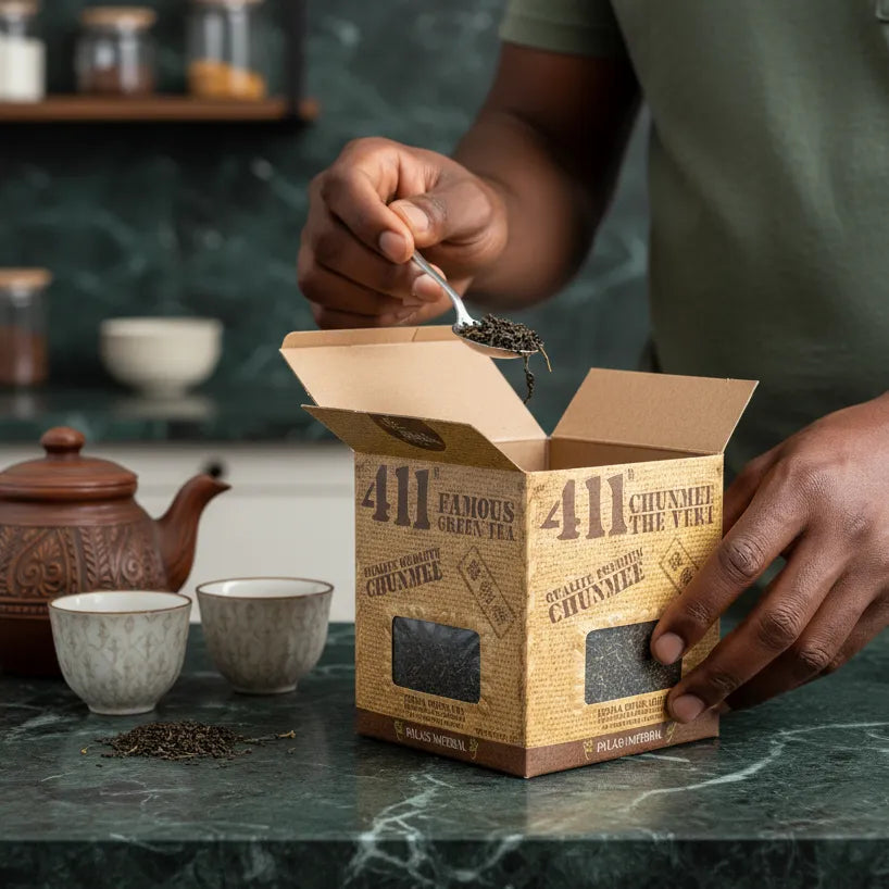 Personne versant du thé vert Chunmee 411 depuis la boîte, illustrant la texture des feuilles et la préparation artisanale.