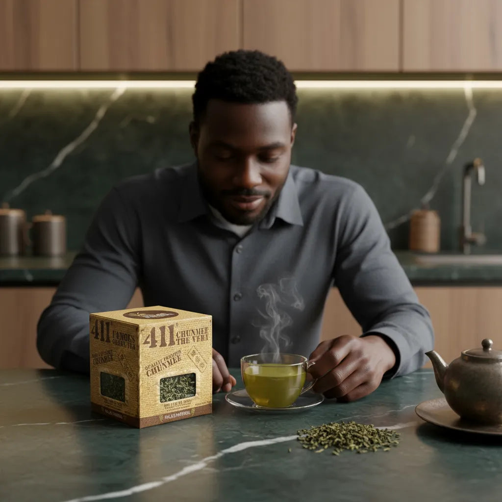 Homme dégustant une tasse de thé vert Chunmee 411, ambiance chaleureuse et détente autour de cette infusion naturelle fruitée.