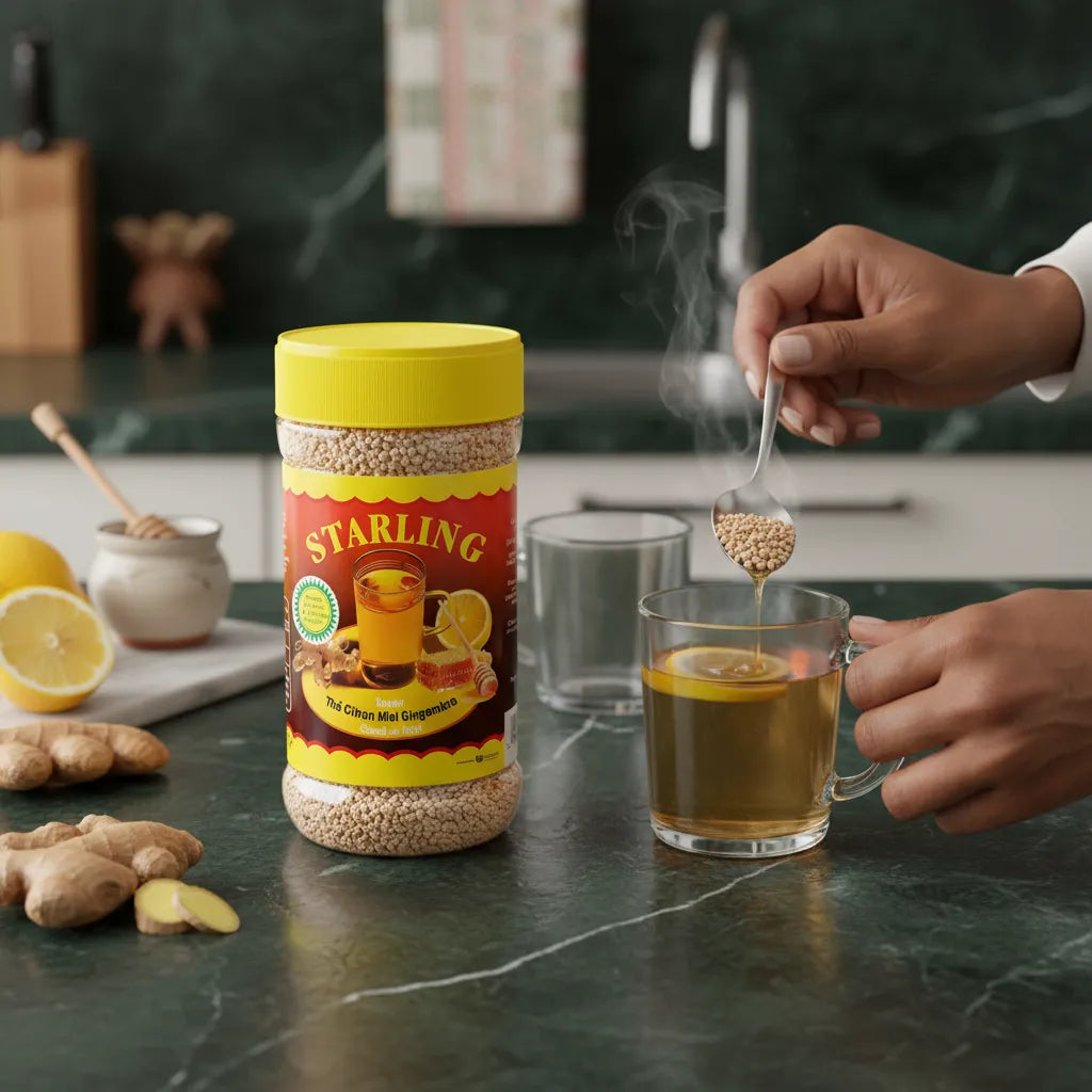 Préparation d'une tasse de thé instantané STARLING Citron Gingembre dans une cuisine moderne, parfait pour une pause bien-être rapide.