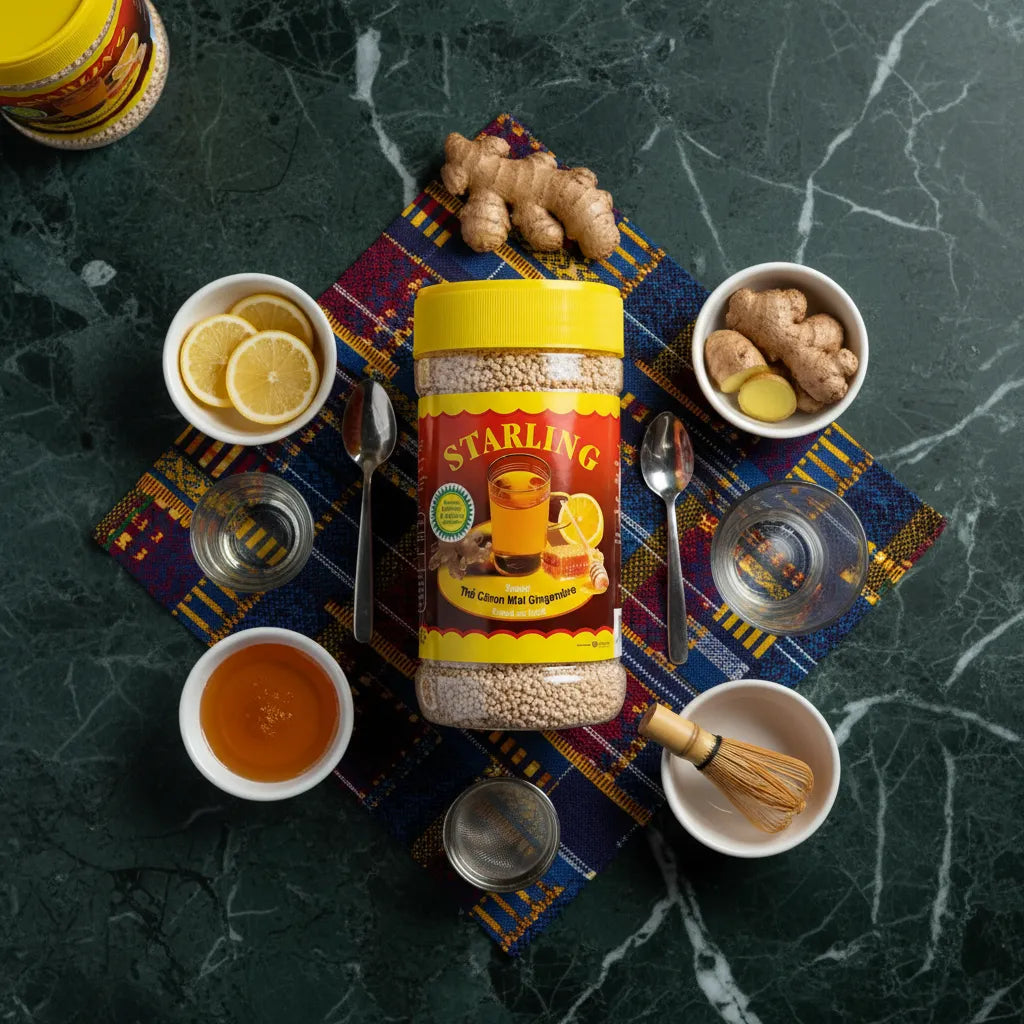 Thé instantané STARLING Citron Miel Gingembre entouré d'ingrédients frais sur une nappe colorée, pour une infusion gourmande et pratique.