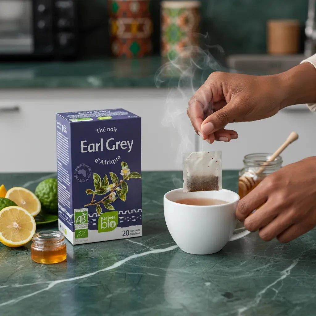 Préparation d'une tasse de Thé noir Earl Grey BIO RACINES avec sachet infusé, boîte visible sur plan de travail avec citron, miel et bergamote en arrière-plan.