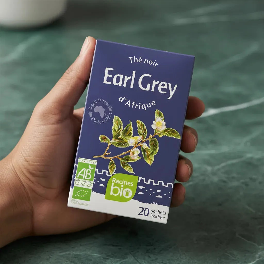 Main tenant une boîte de Thé noir Earl Grey BIO RACINES, thé bio à la bergamote certifié AB, format 20 sachets fraîcheur pour infusion naturelle.