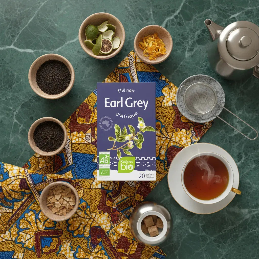 Boîte de Thé noir Earl Grey BIO RACINES posée sur tissu africain, entourée d'ingrédients naturels comme feuilles de thé, écorces et agrumes pour infusion bio.