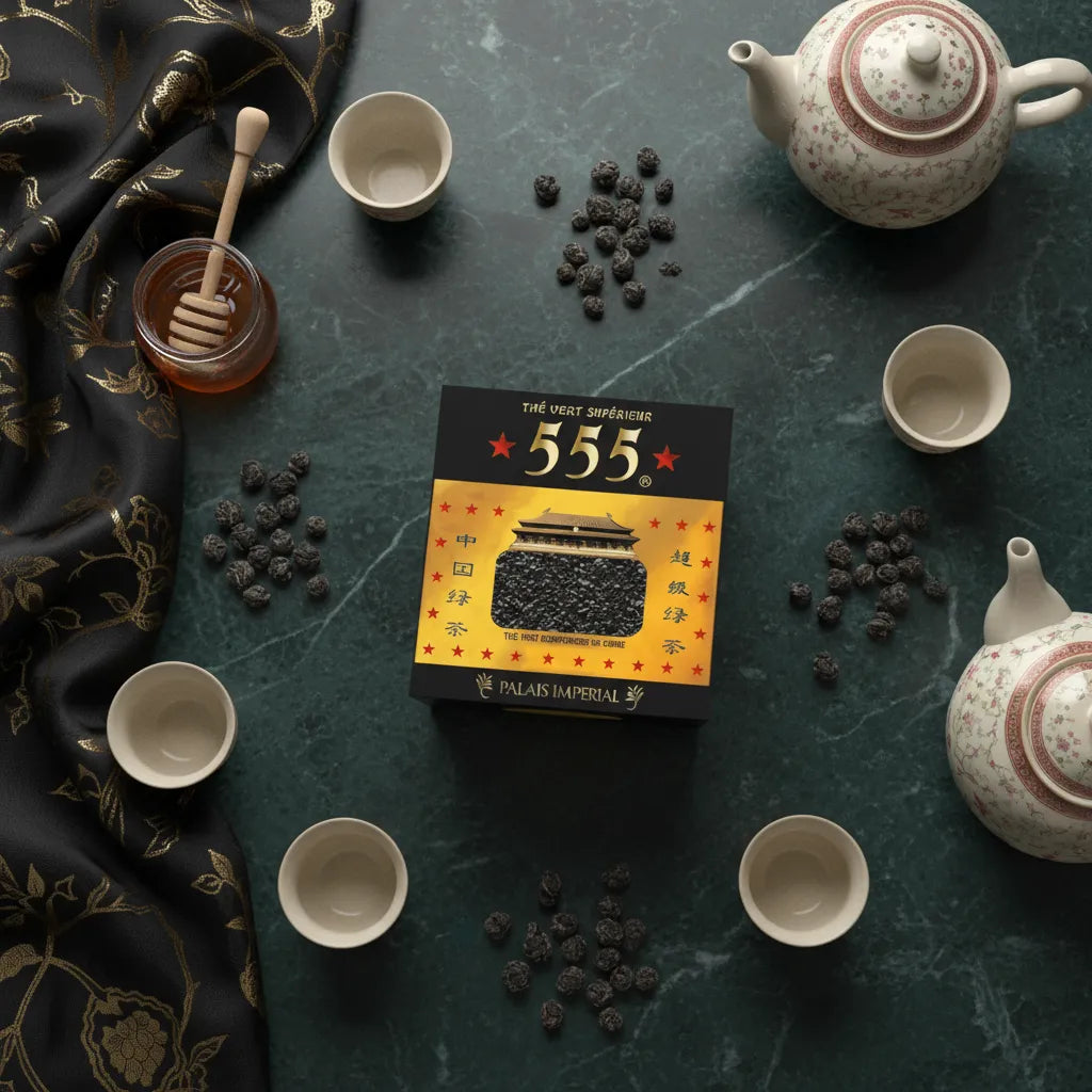 Thé Vert 555 - Aromatique | Infusion Rafraîchissante présenté avec tasses, théière et miel sur table en marbre, ambiance orientale raffinée.
