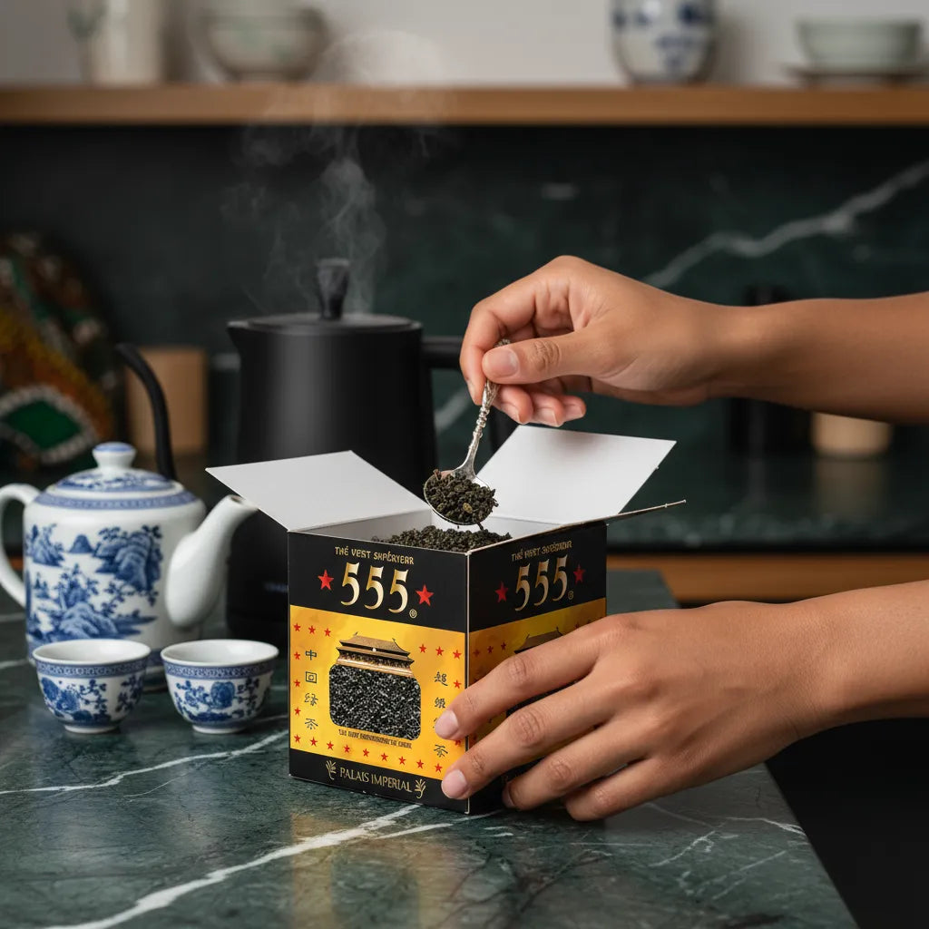 Main prélevant du thé vert Gunpowder Superextra 555 depuis la boîte, ambiance cuisine avec théière et tasses chinoises.