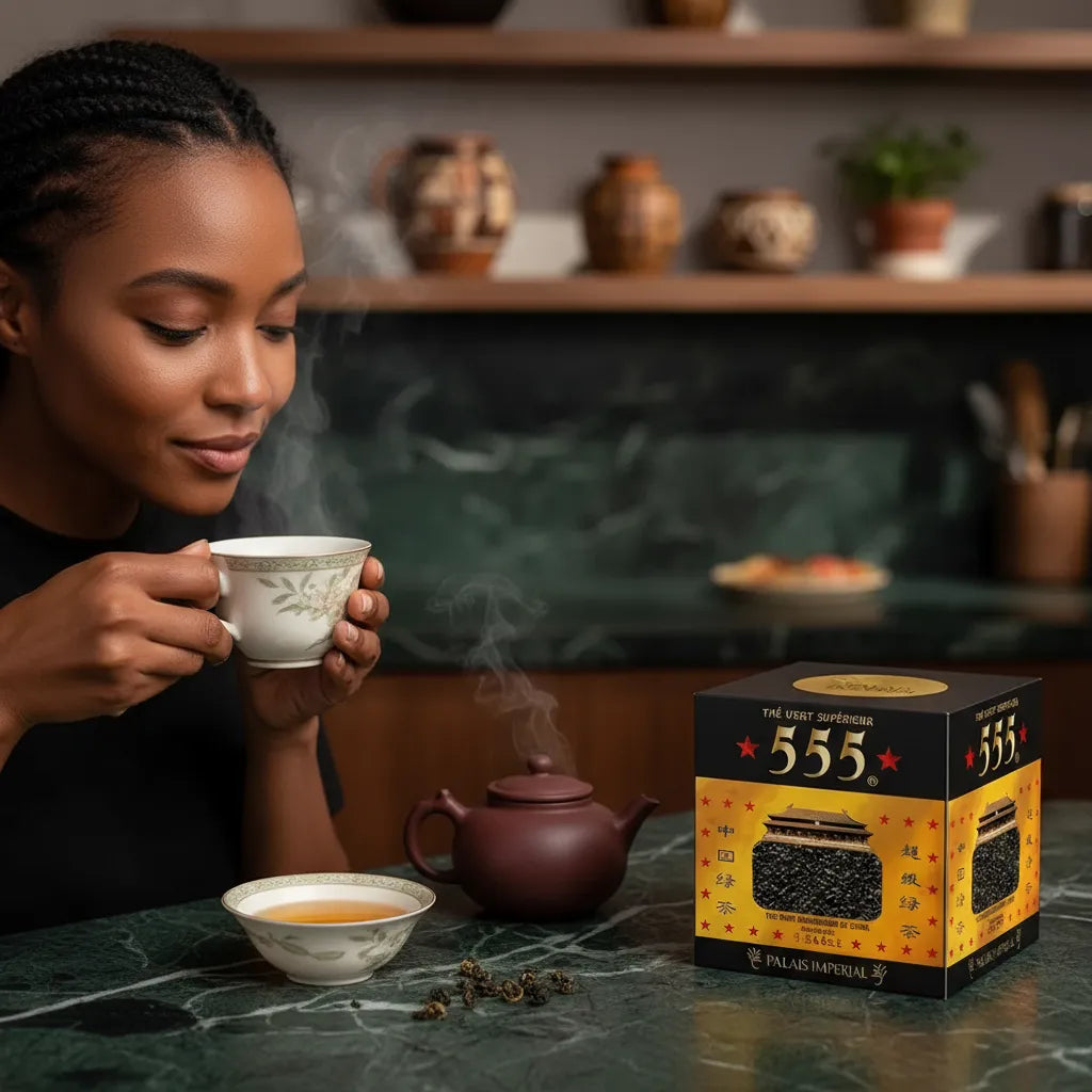 Femme dégustant une tasse de Thé Vert 555 - Aromatique | Infusion Rafraîchissante, ambiance zen avec théière et boîte en arrière-plan.