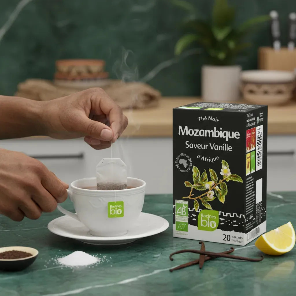 Préparation d'une tasse de thé noir à la vanille BIO RACINES avec sachet infusé, arômes naturels et label bio bien visible.