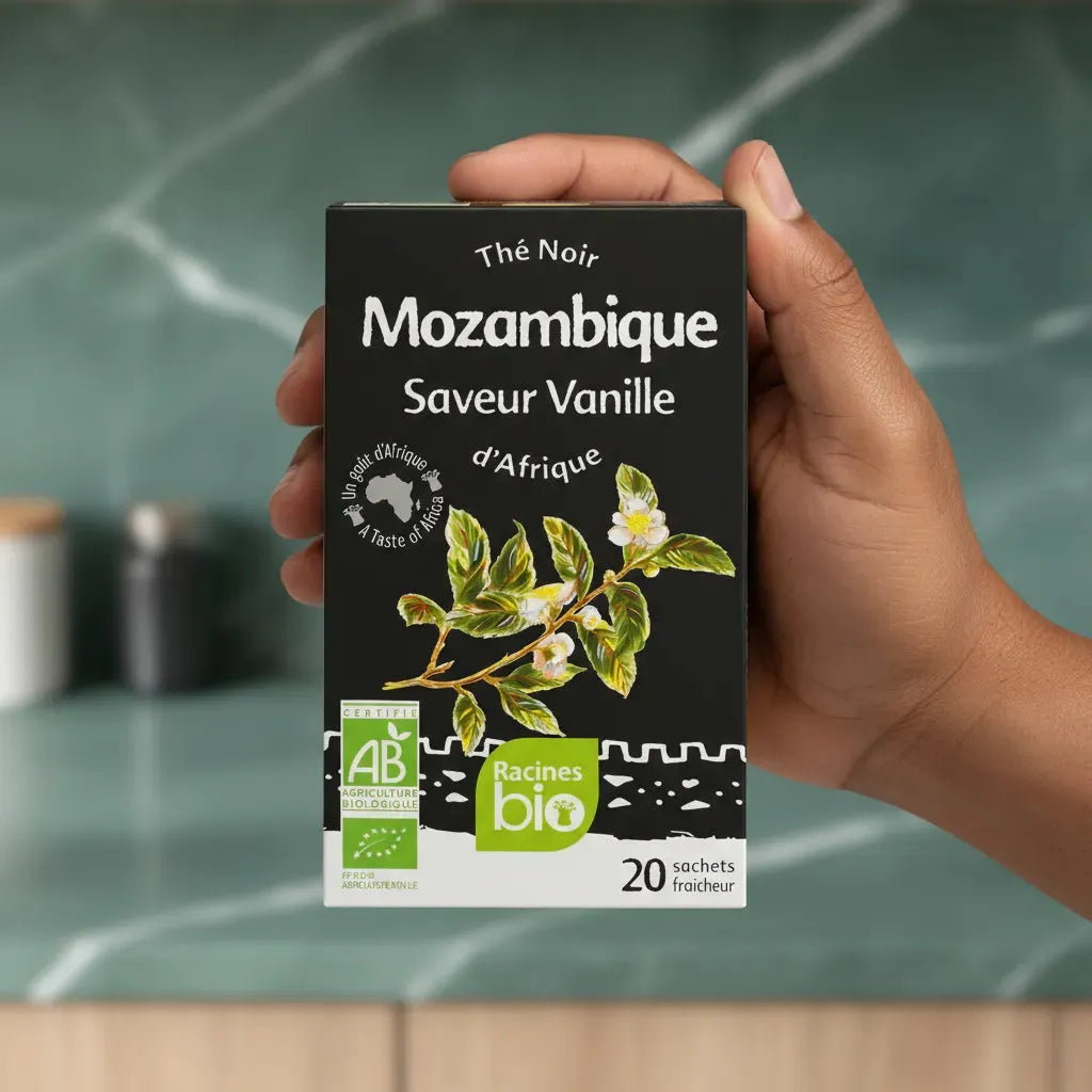 Main tenant une boîte de thé noir à la vanille BIO RACINES, 20 sachets, design élégant et certifié bio pour une pause savoureuse.