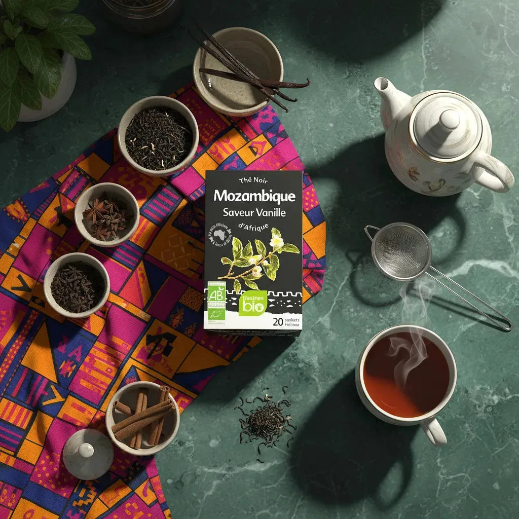 Thé noir à la vanille BIO RACINES entouré d'ingrédients naturels sur une nappe africaine colorée, ambiance authentique et gourmande.