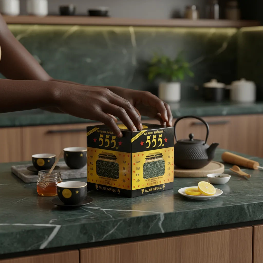 Préparation du thé vert Gunpowder Superextra 555 avec accessoires traditionnels, ambiance chaleureuse et conviviale.