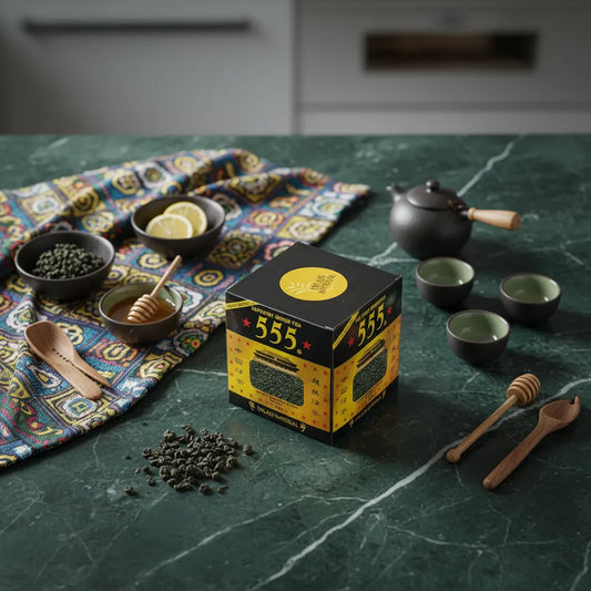 Thé vert Gunpowder Superextra 555 en vrac sur table avec accessoires de préparation, ambiance artisanale et gourmande.