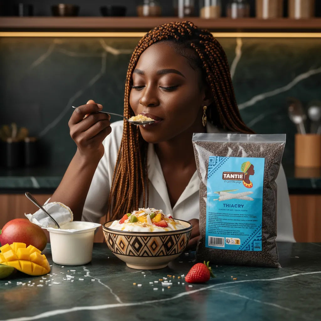 Femme dégustant un bol de Thiacry TANTIE accompagné de fruits et yaourt, parfait pour un dessert gourmand ou un petit-déjeuner sain.