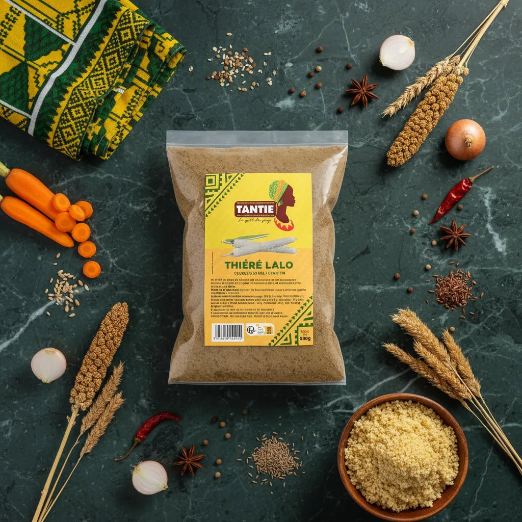 Thiéré Lalo TANTIE - Semoule de mil traditionnelle entourée d'ingrédients exotiques sur fond marbré, parfait pour recettes africaines.
