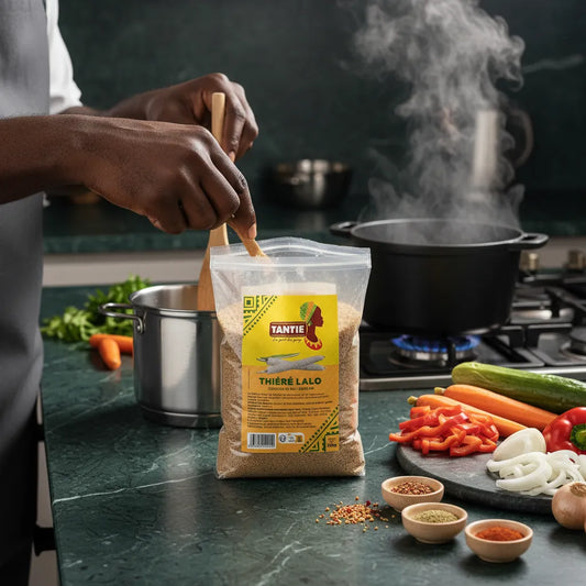 Thiéré Lalo TANTIE - Préparation culinaire avec semoule de mil sur plan de travail, ingrédients frais et épices pour plat traditionnel.