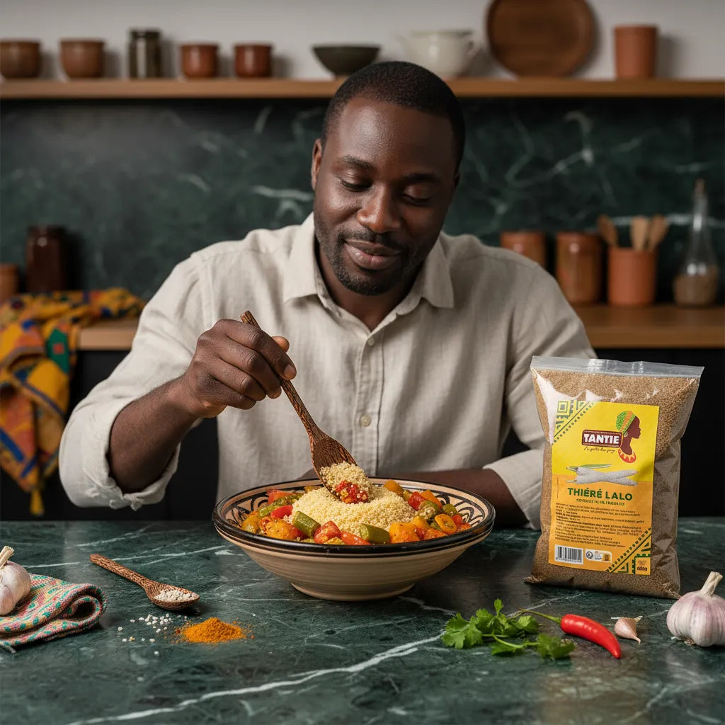 Thiéré Lalo TANTIE - Dégustation de couscous de mil aux légumes dans un bol artisanal, idéal pour repas africain savoureux et équilibré.