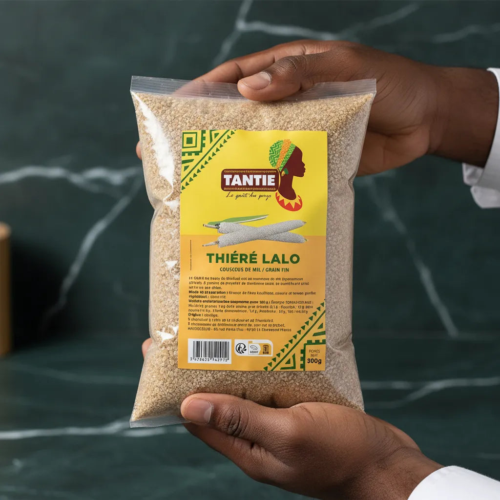 Thiéré Lalo TANTIE - Couscous de mil grain fin tenu en main, emballage 500g, parfait pour cuisine africaine authentique et saine.