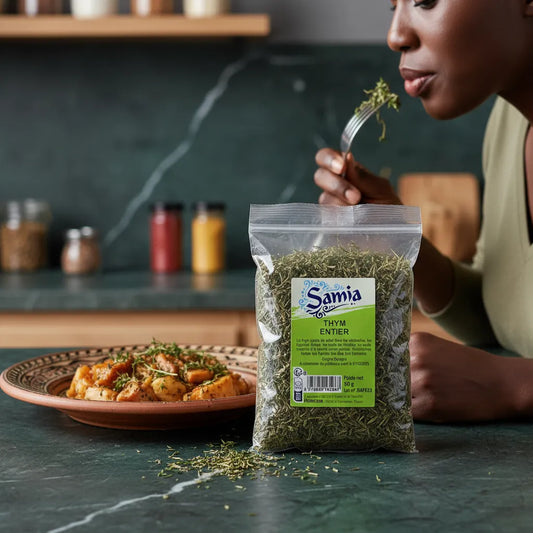 Thym entier SAMIA utilisé pour parfumer un plat cuisiné, herbe aromatique idéale pour rehausser les saveurs en cuisine méditerranéenne.